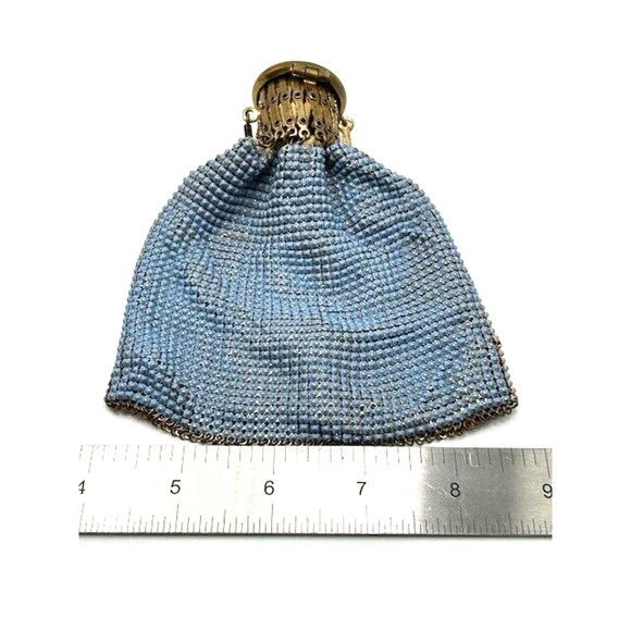 Vtg Antique Evening Purse Expandable Top Gold Mesh Beaded Beggars Bag Blue - Picture 14 of 14